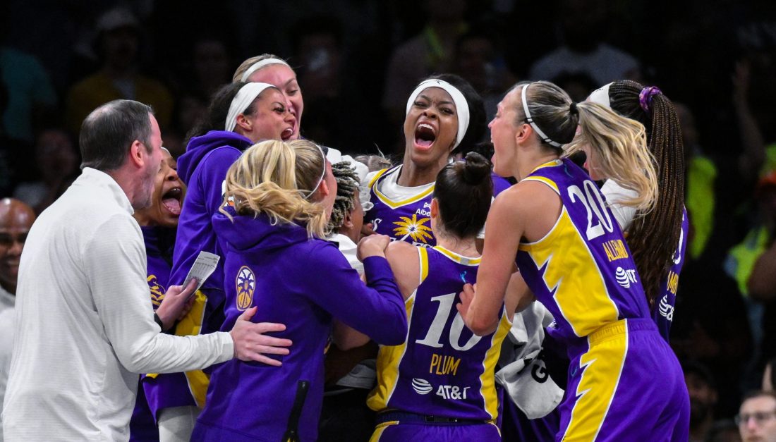 Jul 26, 2025; Brooklyn, New York, USA; Los Angeles Sparks forward Rickea Jackson (2) celebrates with teammates after scoring the game winning basket at the buzzer during the second half against the New York Liberty at Barclays Center.