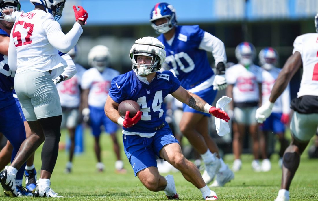 New York Giants running back Cam Skattebo (44) runs the ball on day two of training camp at Quest Diagnostics Giants Training Center, July 24, 2025, East Rutherford, NJ, USA.