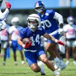 New York Giants running back Cam Skattebo (44) runs the ball on day two of training camp at Quest Diagnostics Giants Training Center, July 24, 2025, East Rutherford, NJ, USA.
