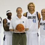Sep 27, 2010; Dallas, TX, USA; Dallas Mavericks forward Caron Butler (4) guard Jason Terry (31) head coach Rick Carlisle forward Dirk Nowitzki (41) and guard Jason Kidd (2) pose for pictures during media day at American Airlines Center. Mandatory Credit: Matthew Emmons-USA TODAY Sports