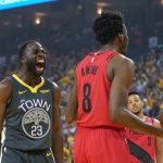 May 16, 2019; Oakland, CA, USA; Golden State Warriors forward Draymond Green (23) celebrates against Portland Trail Blazers forward Al-Farouq Aminu (8) during the first quarter in game two of the Western conference finals of the 2019 NBA Playoffs at Oracle Arena. Mandatory Credit: Kyle Terada-USA TODAY Sports