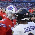 Dec 8, 2019; Orchard Park, NY, USA; Buffalo Bills quarterback Josh Allen (17) meets Baltimore Ravens quarterback Lamar Jackson (8) at mid-field after a game at New Era Field. Mandatory Credit: Mark Konezny-USA TODAY Sports