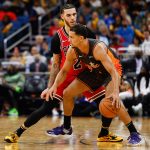 Nov 26, 2021; Orlando, Florida, USA; Chicago Bulls guard Lonzo Ball (2) defends Orlando Magic guard Jalen Suggs (4) in the second half at Amway Center. Mandatory Credit: Nathan Ray Seebeck-USA TODAY Sports