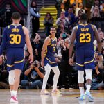 Apr 4, 2023; San Francisco, California, USA; Golden State Warriors guard Jordan Poole (3) reacts in front of guard Stephen Curry (30) and forward Draymond Green (23) after making a three point basket against the Oklahoma City Thunder in the fourth quarter at the Chase Center. Mandatory Credit: Cary Edmondson-USA TODAY Sports