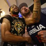 Jun 12, 2023; Denver, Colorado, USA; Denver Nuggets forward Bruce Brown (11) celebrates with Strahinja Jokic after the Nuggets won the NBA championship by defeating the Miami Heat in game five of the 2023 NBA Finals at Ball Arena. Mandatory Credit: Isaiah J. Downing-USA TODAY Sports