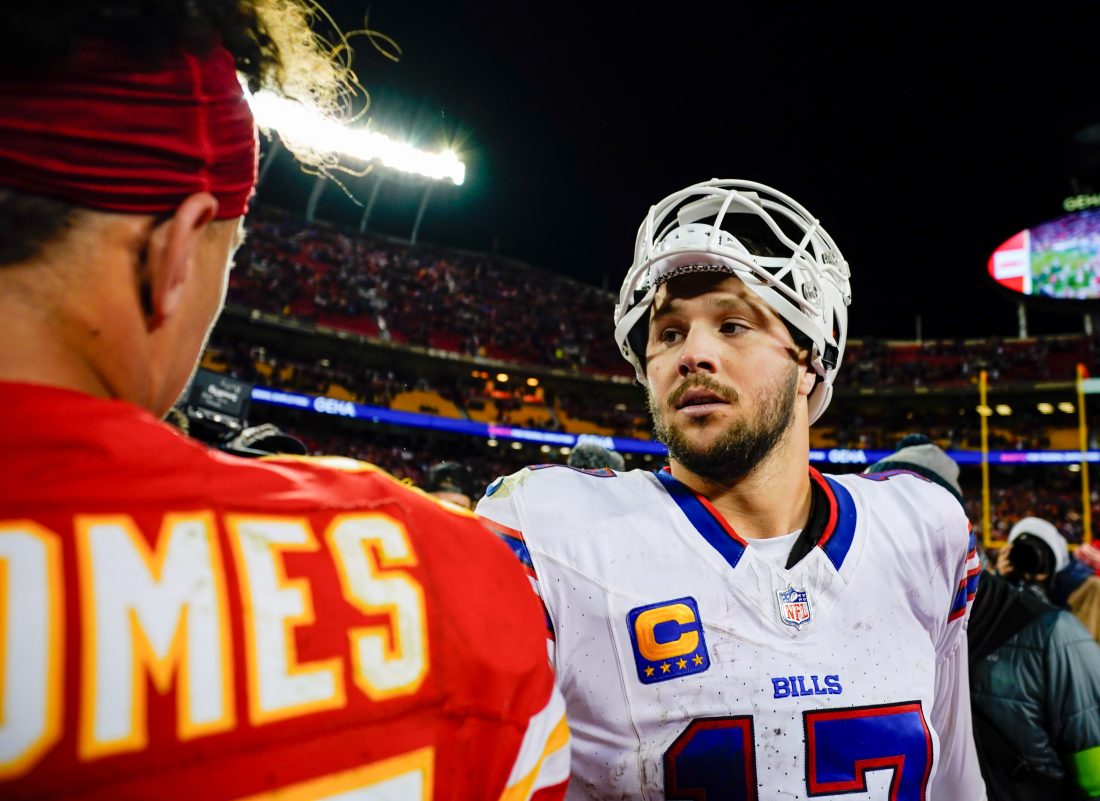 Dec 10, 2023; Kansas City, Missouri, USA; Buffalo Bills quarterback Josh Allen (17) talks with Kansas City Chiefs quarterback Patrick Mahomes (15) after a game at GEHA Field at Arrowhead Stadium. Mandatory Credit: Jay Biggerstaff-USA TODAY Sports
