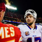 Dec 10, 2023; Kansas City, Missouri, USA; Buffalo Bills quarterback Josh Allen (17) talks with Kansas City Chiefs quarterback Patrick Mahomes (15) after a game at GEHA Field at Arrowhead Stadium. Mandatory Credit: Jay Biggerstaff-USA TODAY Sports