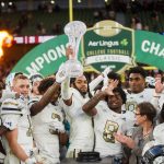 Aug 24, 2024; Dublin, IRL; Georgia Tech celebrate their win against Florida State at Aviva Stadium. Mandatory Credit: Tom Maher/INPHO via USA TODAY Sports