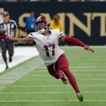 Dec 15, 2024; New Orleans, Louisiana, USA; Washington Commanders wide receiver Terry McLaurin (17) misses a catch during the second half against the New Orleans Saints at Caesars Superdome.