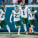 Dec 15, 2024; Jacksonville, Florida, USA; New York Jets cornerback Sauce Gardner (1) celebrates after an interception against the Jacksonville Jaguars in the fourth quarter at EverBank Stadium. Mandatory Credit: Nathan Ray Seebeck-Imagn Images