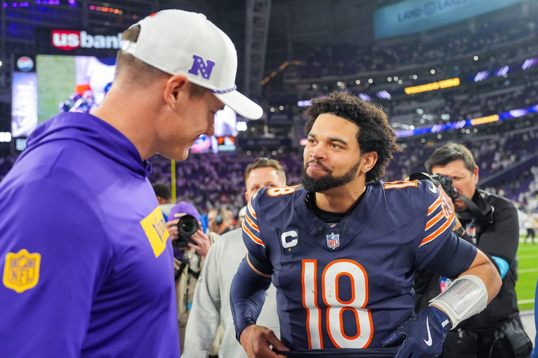 Dec 16, 2024; Minneapolis, Minnesota, USA; Chicago Bears quarterback Caleb Williams (18) talks to Minnesota Vikings head coach Kevin O'Connell after the game quarter at U.S. Bank Stadium. Mandatory Credit: Brad Rempel-Imagn Images