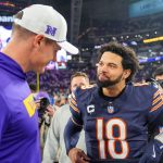 Dec 16, 2024; Minneapolis, Minnesota, USA; Chicago Bears quarterback Caleb Williams (18) talks to Minnesota Vikings head coach Kevin O'Connell after the game quarter at U.S. Bank Stadium. Mandatory Credit: Brad Rempel-Imagn Images