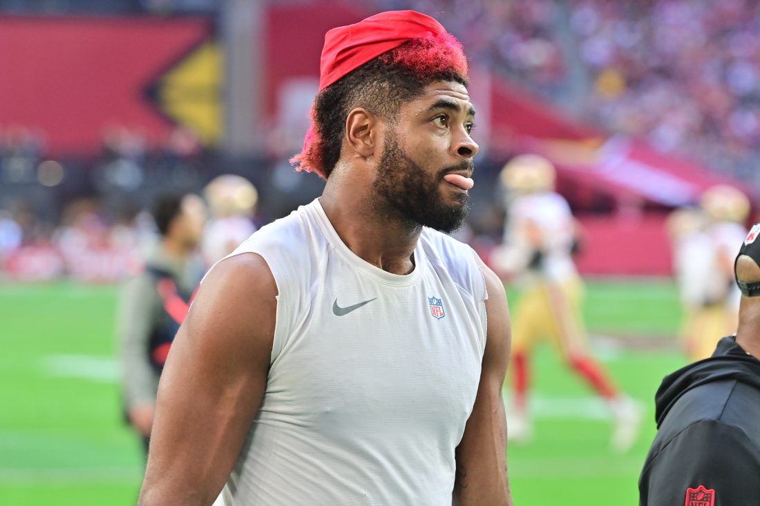 Jan 5, 2025; Glendale, Arizona, USA; San Francisco 49ers wide receiver Jauan Jennings (15) is ejected in the first half against the Arizona Cardinals at State Farm Stadium.