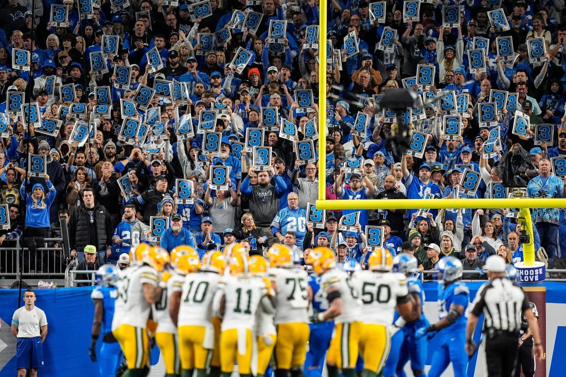 Detroit Lions fans cheer on against Green Bay Packers during the second half at Ford Field in Detroit on Thursday, Dec. 5, 2024.