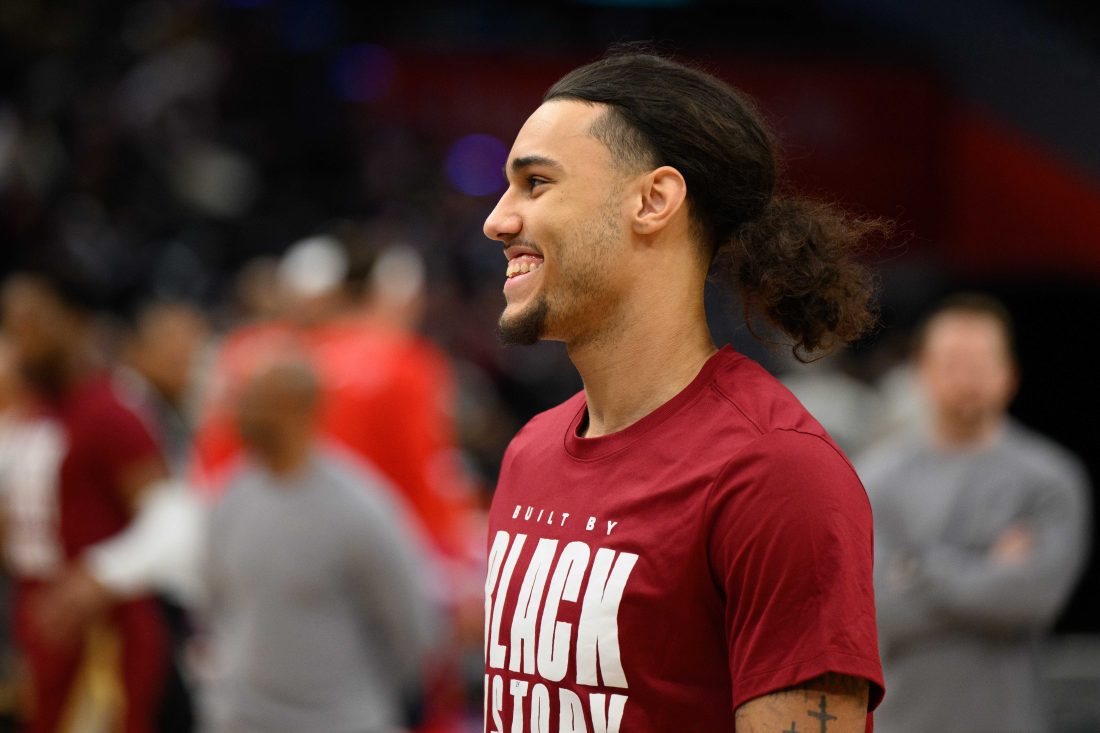 Feb 7, 2025; Washington, District of Columbia, USA; Cleveland Cavaliers forward Jaylon Tyson (24) warms up prior to the game between the Washington Wizards and the Cleveland Cavaliers at Capital One Arena. Mandatory Credit: Reggie Hildred-Imagn Images