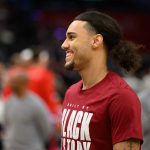 Feb 7, 2025; Washington, District of Columbia, USA; Cleveland Cavaliers forward Jaylon Tyson (24) warms up prior to the game between the Washington Wizards and the Cleveland Cavaliers at Capital One Arena. Mandatory Credit: Reggie Hildred-Imagn Images
