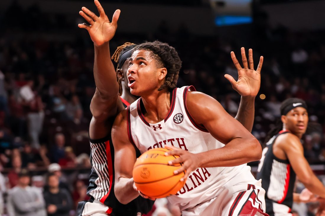 Mar 4, 2025; Columbia, South Carolina, USA; South Carolina Gamecocks forward Collin Murray-Boyles (30) looks to score against the Georgia Bulldogs in the first half at Colonial Life Arena. Mandatory Credit: Jeff Blake-Imagn Images