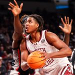 Mar 4, 2025; Columbia, South Carolina, USA; South Carolina Gamecocks forward Collin Murray-Boyles (30) looks to score against the Georgia Bulldogs in the first half at Colonial Life Arena. Mandatory Credit: Jeff Blake-Imagn Images