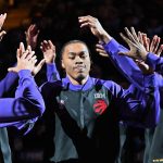 Mar 28, 2025; Toronto, Ontario, CAN; Toronto Raptors forward Scottie Barnes (4) is greeted by team mates during player introductions before tip off against the Charlotte Hornets at Scotiabank Arena. Mandatory Credit: Dan Hamilton-Imagn Images
