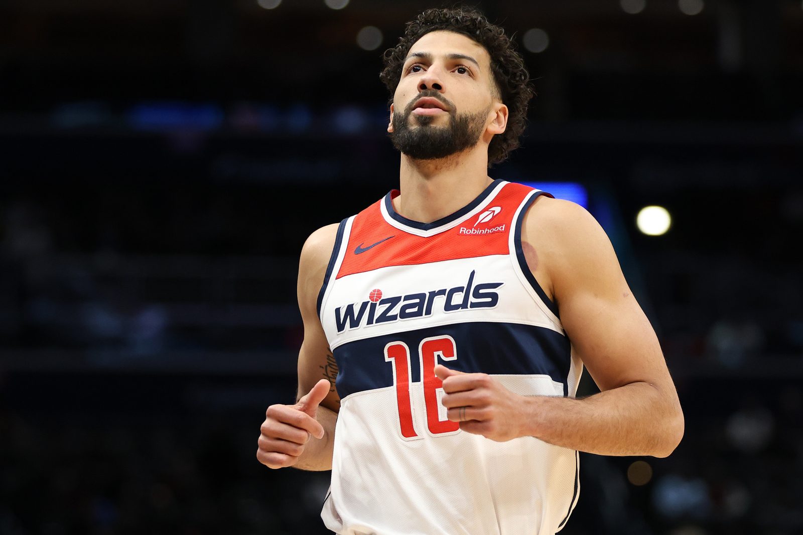 Mar 27, 2025; Washington, District of Columbia, USA; Washington Wizards forward Anthony Gill (16) looks on during the first half against the Indiana Pacers at Capital One Arena. Mandatory Credit: Daniel Kucin Jr.-Imagn Images