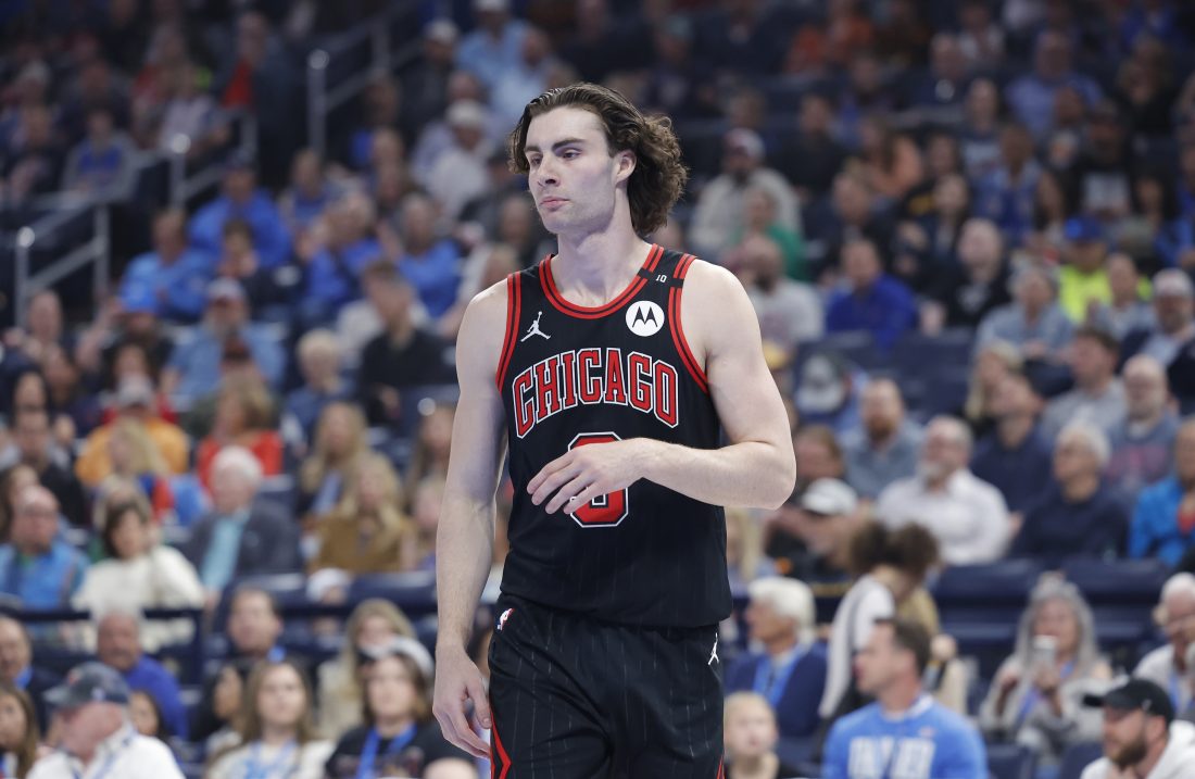 Mar 31, 2025; Oklahoma City, Oklahoma, USA; Chicago Bulls guard Josh Giddey (3) stands during the first quarter against the Oklahoma City Thunder at Paycom Center. Mandatory Credit: Alonzo Adams-Imagn Images