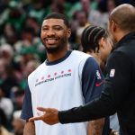 Apr 6, 2025; Boston, Massachusetts, USA; Washington Wizards guard Marcus Smart (36) smiles during a timeout in the first half again the Boston Celtics at TD Garden. Mandatory Credit: Bob DeChiara-Imagn Images