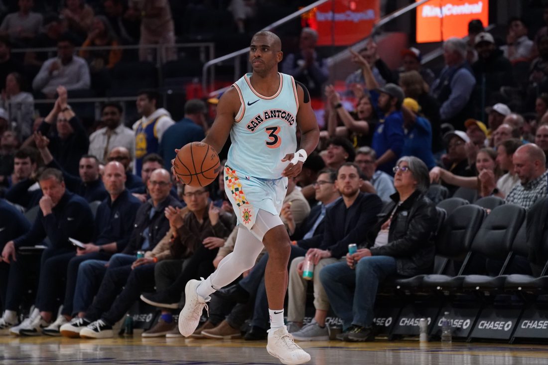 Apr 9, 2025; San Francisco, California, USA; San Antonio Spurs guard Chris Paul (3) dribbles upcourt against the Golden State Warriors in the third quarter at Chase Center. Mandatory Credit: David Gonzales-Imagn Images