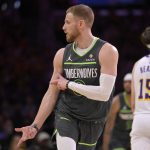 Apr 19, 2025; Los Angeles, California, USA; Minnesota Timberwolves guard Donte DiVincenzo (0) celebrates after a 3-point basket in the first half against the Los Angeles Lakers at Crypto.com Arena. Mandatory Credit: Jayne Kamin-Oncea-Imagn Images