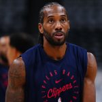 Apr 29, 2025; Denver, Colorado, USA; LA Clippers forward Kawhi Leonard (2) warms up before game five of the first round for the 2025 NBA Playoffs against the Denver Nuggets at Ball Arena. Mandatory Credit: Ron Chenoy-Imagn Images