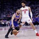 May 1, 2025; Detroit, Michigan, USA; New York Knicks guard Jalen Brunson (11) dribbles defended by Detroit Pistons guard Cade Cunningham (2) in the first half during game six of first round for the 2024 NBA Playoffs at Little Caesars Arena. Mandatory Credit: Rick Osentoski-Imagn Images
