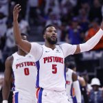 May 1, 2025; Detroit, Michigan, USA; Detroit Pistons guard Malik Beasley (5) fires up the crowd in the first half against the New York Knicks during game six of first round for the 2024 NBA Playoffs at Little Caesars Arena. Mandatory Credit: Rick Osentoski-Imagn Images
