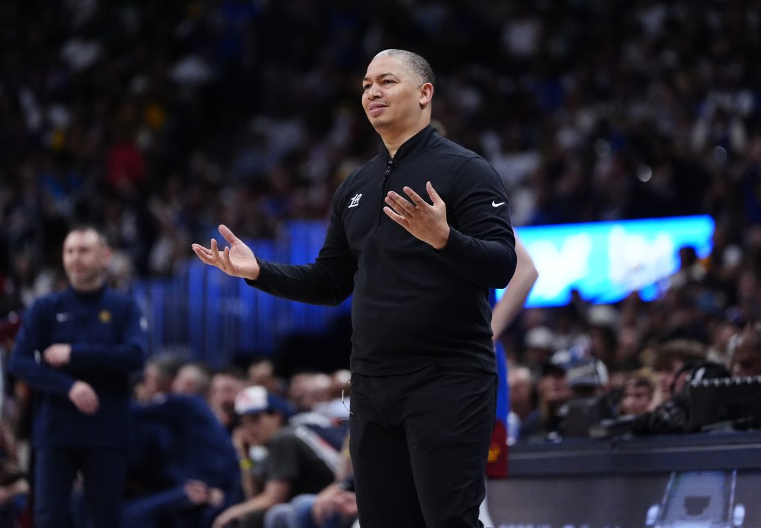 May 3, 2025; Denver, Colorado, USA; LA Clippers head coach Tyronn Lue reacts in the second quarter against the Denver Nuggets during game seven of first round for the 2025 NBA Playoffs at Ball Arena. Mandatory Credit: Ron Chenoy-Imagn Images