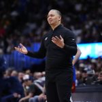 May 3, 2025; Denver, Colorado, USA; LA Clippers head coach Tyronn Lue reacts in the second quarter against the Denver Nuggets during game seven of first round for the 2025 NBA Playoffs at Ball Arena. Mandatory Credit: Ron Chenoy-Imagn Images