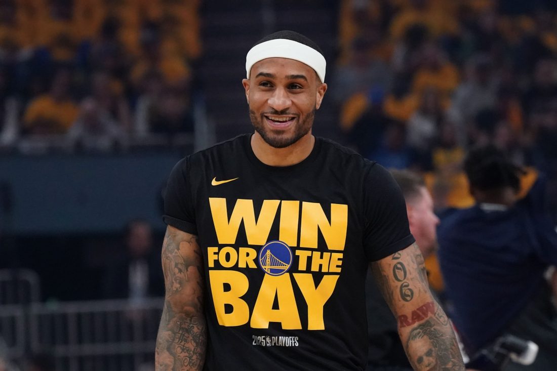May 10, 2025; San Francisco, California, USA; Golden State Warriors guard Gary Payton II (0) warms up before game three of the second round for the 2025 NBA Playoffs against the Minnesota Timberwolves at Chase Center. Mandatory Credit: David Gonzales-Imagn Images