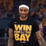 May 10, 2025; San Francisco, California, USA; Golden State Warriors guard Gary Payton II (0) warms up before game three of the second round for the 2025 NBA Playoffs against the Minnesota Timberwolves at Chase Center. Mandatory Credit: David Gonzales-Imagn Images