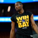 May 12, 2025; San Francisco, California, USA; Golden State Warriors forward Jonathan Kuminga (00) stands on the court during warmups against the Minnesota Timberwolves during game four of the second round for the 2025 NBA Playoffs at Chase Center. Mandatory Credit: Cary Edmondson-Imagn Images