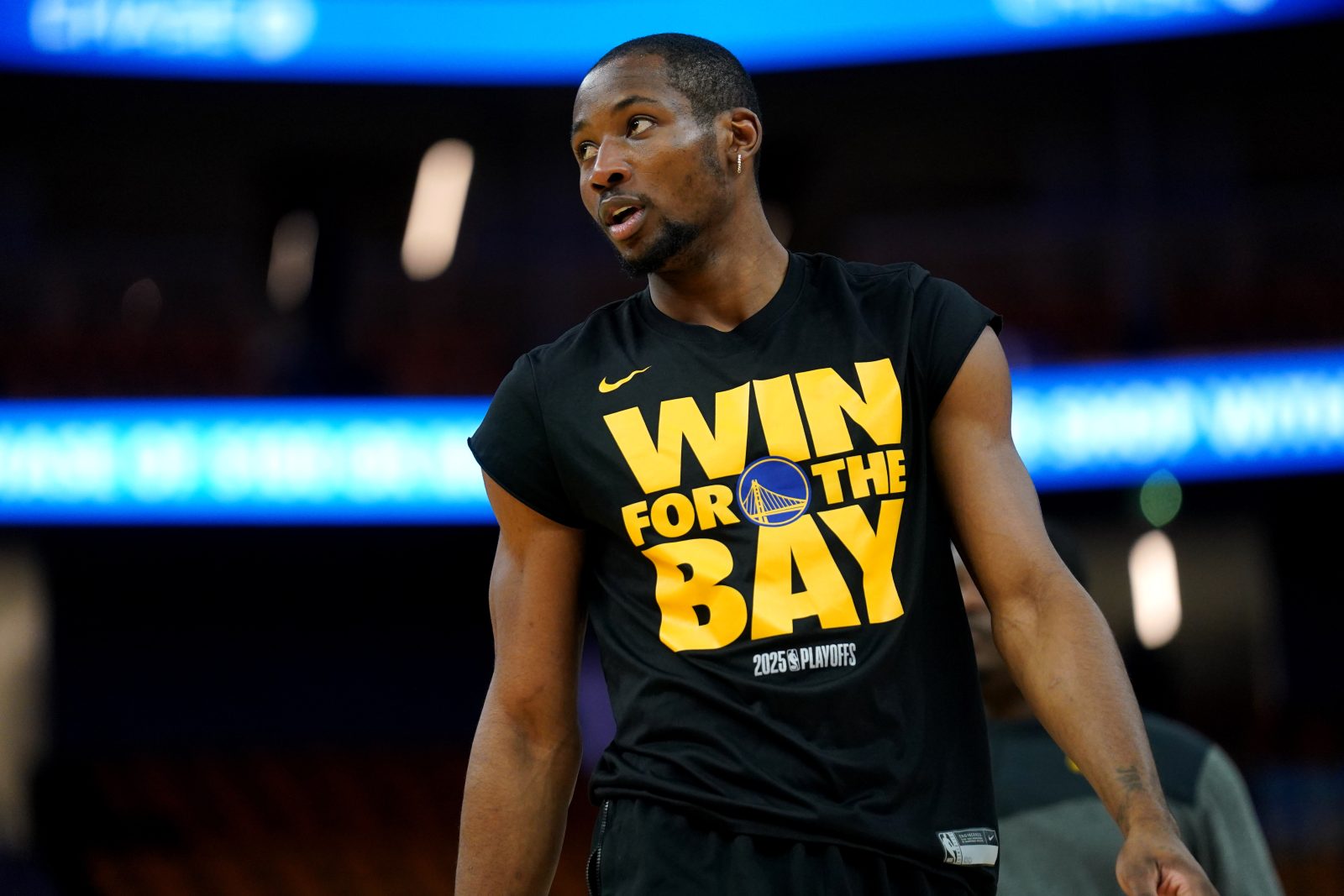 May 12, 2025; San Francisco, California, USA; Golden State Warriors forward Jonathan Kuminga (00) stands on the court during warmups against the Minnesota Timberwolves during game four of the second round for the 2025 NBA Playoffs at Chase Center. Mandatory Credit: Cary Edmondson-Imagn Images
