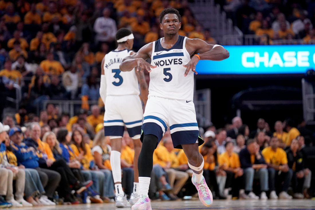 May 12, 2025; San Francisco, California, USA; Minnesota Timberwolves guard Anthony Edwards (5) reacts after making a three point basket against the Golden State Warriors in the third quarter during game four of the second round for the 2025 NBA Playoffs at Chase Center. Mandatory Credit: Cary Edmondson-Imagn Images