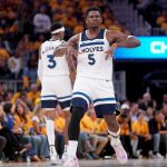 May 12, 2025; San Francisco, California, USA; Minnesota Timberwolves guard Anthony Edwards (5) reacts after making a three point basket against the Golden State Warriors in the third quarter during game four of the second round for the 2025 NBA Playoffs at Chase Center. Mandatory Credit: Cary Edmondson-Imagn Images