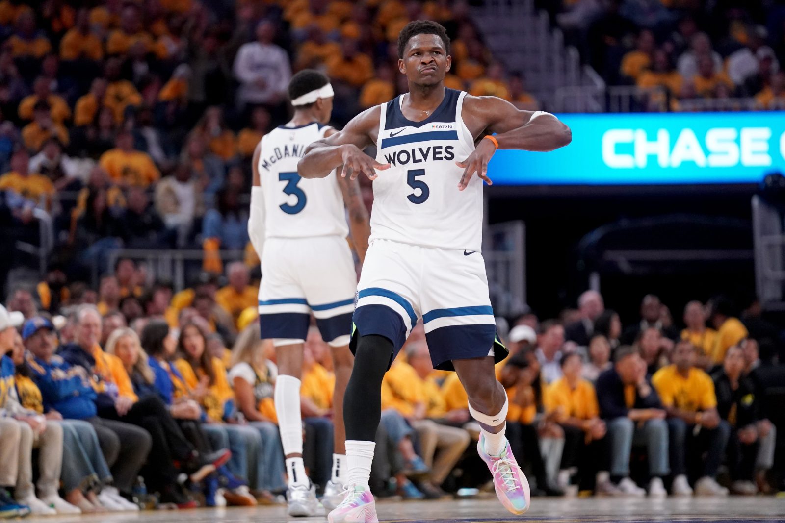 May 12, 2025; San Francisco, California, USA; Minnesota Timberwolves guard Anthony Edwards (5) reacts after making a three point basket against the Golden State Warriors in the third quarter during game four of the second round for the 2025 NBA Playoffs at Chase Center. Mandatory Credit: Cary Edmondson-Imagn Images