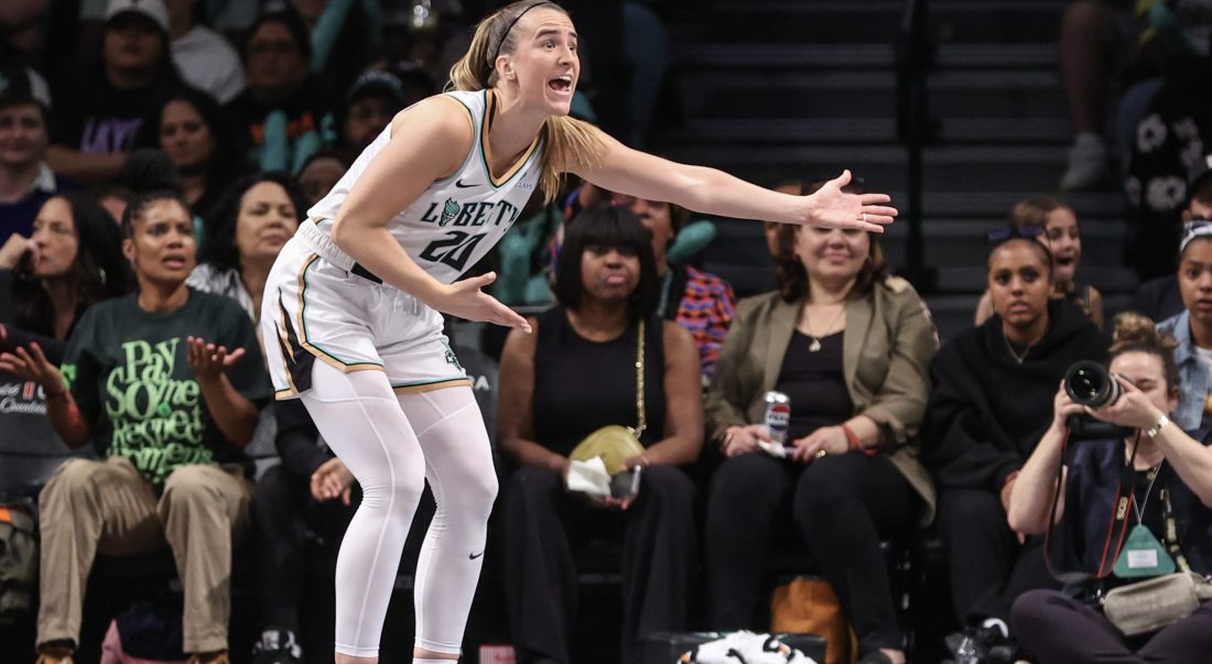 May 27, 2025; Brooklyn, New York, USA; New York Liberty guard Sabrina Ionescu (20) reacts to a call in the third quarter against the Golden State Valkyries at Barclays Center. Mandatory Credit: Wendell Cruz-Imagn Images