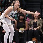 May 27, 2025; Brooklyn, New York, USA; New York Liberty guard Sabrina Ionescu (20) reacts to a call in the third quarter against the Golden State Valkyries at Barclays Center. Mandatory Credit: Wendell Cruz-Imagn Images