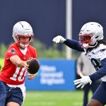 Jun 9, 2025; Foxborough, MA, USA; New England Patriots quarterback Drake Maye (10) hands the ball to running back Rhamondre Stevenson (38) during minicamp at Gillette Stadium. Mandatory Credit: Eric Canha-Imagn Images