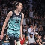 Jul 8, 2025; Brooklyn, New York, USA; New York Liberty forward Breanna Stewart (30) celebrates in the third quarter against the Las Vegas Aces at Barclays Center. Mandatory Credit: Wendell Cruz-Imagn Images