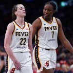 Jul 15, 2025; Boston, Massachusetts, USA; Indiana Fever guard Caitlin Clark (22) reacts with a possible injury after a play against the Connecticut Sun in the second half at TD Garden. Mandatory Credit: David Butler II-Imagn Images