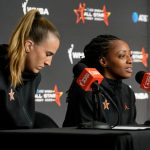 Sabrina Ionescu (left) and Kelsey Mitchell answers questions Saturday, July 19, 2025, at a press conference after the WNBA All-Star Game at Gainbridge Fieldhouse in Indianapolis