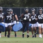 Jul 24, 2025; Houston, TX, USA; Houston Texans offensive linemen during training camp at Houston Methodist Training Center. Mandatory Credit: Troy Taormina-Imagn Images
