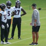 Jul 24, 2025; Owings Mills, MD, USA; Baltimore Ravens coach Chuck Pagano (right) talks with the defense during training camp at the Under Armour Performance Center. Mandatory Credit: Mitch Stringer-Imagn Images