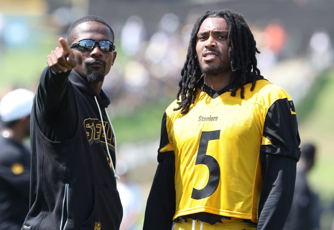 Jul 24, 2025; Latrobe, PA, USA; Pittsburgh Steelers cornerback Jalen Ramsey (5) participates in drills during training camp at Saint Vincent College. Mandatory Credit: Charles LeClaire-Imagn Images