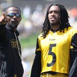 Jul 24, 2025; Latrobe, PA, USA; Pittsburgh Steelers cornerback Jalen Ramsey (5) participates in drills during training camp at Saint Vincent College. Mandatory Credit: Charles LeClaire-Imagn Images